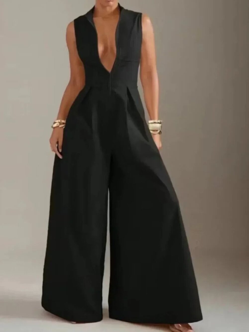 Wide Leg Sleeveless Zip Up Jumpsuit Black - Picture 3 of 5